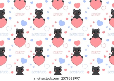 Cute Valentine's Day seamless pattern with cat, heart, paw prints and lettering. Festive design for wrapping paper, fabric, wallpaper, cards. Vector illustration