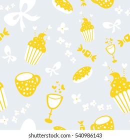 Cute Valentine's day seamless pattern on bright colors. Seamless background with hearts, coffee cup, candies, donuts, glass, flowers, hearts, cupcakes and bows  for wrapping, textile, print.