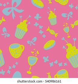 Cute Valentine's day seamless pattern on bright colors. Seamless background with hearts, coffee cup, candies, donuts, glass, flowers, hearts, cupcakes and bows  for wrapping, textile, print.