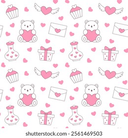 Cute Valentine's Day seamless vector pattern with teddy bear, gift box, cupcakes and hearts, design for wrapping paper, wallpaper, textile print.