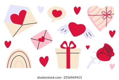 Cute Valentine's Day set. Hand drawn decorative elements collection of hearts, love letters, gifts and roses. For scrapbooking, greeting cards, party invitations, posters and stickers.