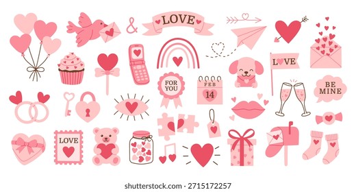 Cute Valentines Day set with hearts, envelopes, gifts, cupcakes and romantic symbols. Soft pink elements arranged on white background, flat hand drawn style