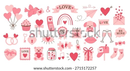 Cute Valentines Day set with hearts, envelopes, gifts, cupcakes and romantic symbols. Soft pink elements arranged on white background, flat hand drawn style