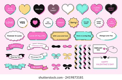 Cute Valentine's Day set of stickers, hearts, labels, badges with short phrases, ribbons, bows. Decorative romantic design elements. Vector illustration.