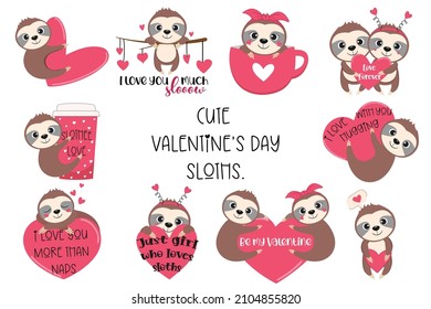 Cute Valentine's day sloths collection, vector illustration.