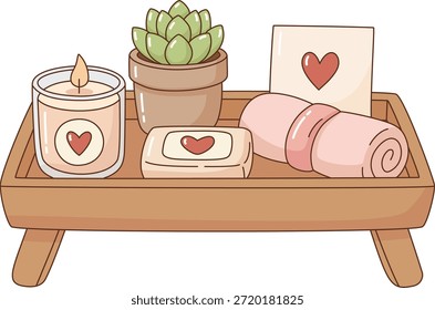 Cute Valentine's Day Spa Gift Set Illustration with Candle, Soap, and Succulent on Wooden Tray