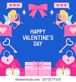 Cute Valentine's Day square illustration banner. Cartoon style romantic stickers frame mini card. 