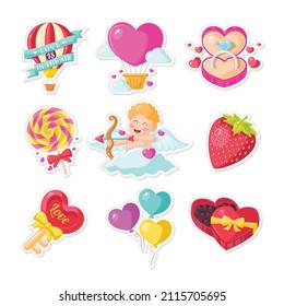 Cute valentine's day sticker. include: candy, cupid, ballon, chocolate, heart shape box
