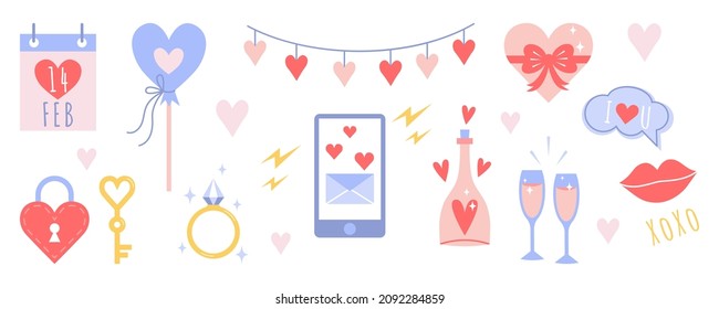 Cute Valentinstag Aufkleber Set. Flache Vektorgrafik-Dating-Symbole einzeln auf weißem Hintergrund. Hörer, Verlobungsring, Telefon, Brille, Geschenke, Kalender, Lippen, Schloss und Schlüssel.