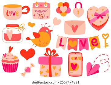 Cute valentine's day sticker set. A collection of romantic valentine's day elements. Flat vector illustrations on white background.