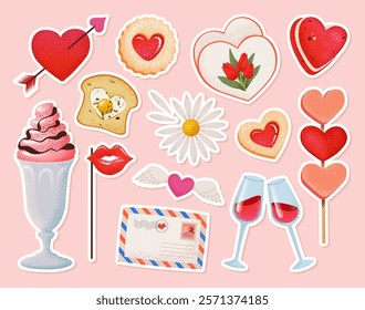 Cute valentines day sticker set. Love elements with heart shapes, sweets, flowers for planner and diary, poster and greeting cards, romantic gifts and packaging decor. Hand drawn vector illustration.