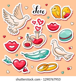 Cute Valentine's day stickers in doodle style. Vector hand drawn images of hearts, doves, love potion, wedding rings, symbol of love, Cupid's arrow, love potion and lips. Love lettering.