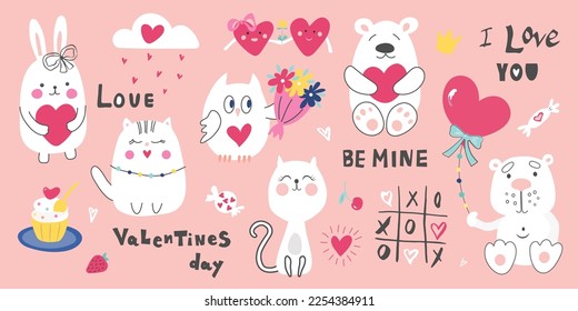 Cute valentines day stickers for planner, love letter or diary. Cartoon decoration, hand drawn design elements. Vector set of romantic stickers.