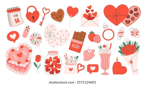 Cute Valentines day stickers set. Coquette cake, hearts, love letter, gifts, floral bouquet, ring, candles. Vector illustration in flat style