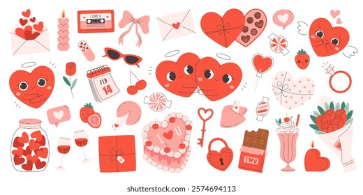 Cute Valentines day stickers set with festive elements and cute heart characters. Vector illustration in flat style