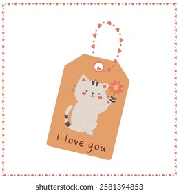 Cute Valentine's Day tag with an adorable cat holding a flower. Perfect for gifts, cards, and decorations