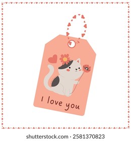 Cute Valentine's Day tag with a cat holding a flower. Romantic design for gifts, cards, and decorations