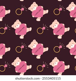 Cute valentine's day teddy bear and ring pattern on dark background.