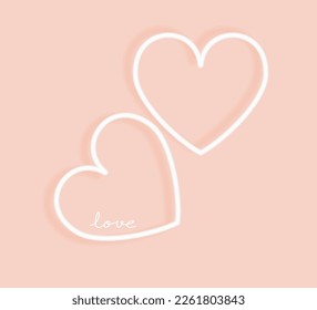 Cute Valentine's Day Vector Card with White Glowing Neon Hearts on a Light Coral Pink Background. Modern Romantic Print with White Love Symbol ideal for Card, Wall Art, Poster.