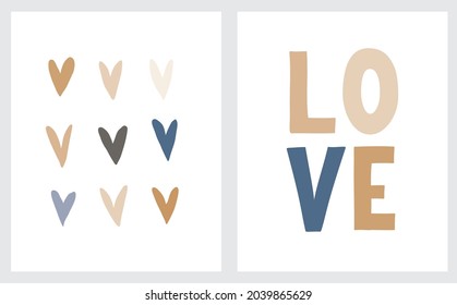 Cute Valentine's Day Vector Illustration. Simple Hand Drawn Romantic Prints with Handwritten Love and Cute Little Hearts Isoleted on a White Background. Minimalist Abstract Love Art for Card, Poster,