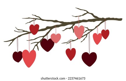 Cute Valentines Day vector illustration. Tree branch with hanging colored hearts. Isolated on white background.