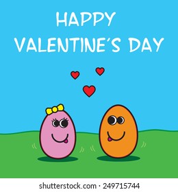 Cute Valentine's Day vector illustration with cartoon egg couple, red love hearts and grass and blue sky background, and text reading 'Happy Valentine's Day'.