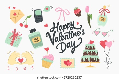 Lindo Vector del día de San Valentín conjunto con corazones regalos pastel cerezas globos teléfono de flores sobre manos texto de amor perfecto para tarjetas de felicitación carteles invitaciones redes sociales romance diseño de vacaciones.
