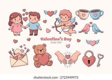 Nettes Valentinstag-Vektor-Set mit Paar, Amor und Teddybär