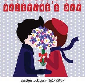 Cute Valentine's Day Vintage Card  with two lovers holding bouquet of flowers. Vector