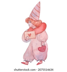 cute Valentine's Day vintage illustration with little child and love letter with hearts (isolated element). Be my Valentine post card. Good for invitations, print, gift wrapping paper, packaging