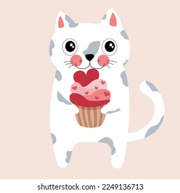 Cute San Valentín decoraciones alegres quequitos de dibujos animados de gatos. gato blanco sostiene el muffin rosado. idea para sublimación, tarjeta de saludo, archivo de corte, impresión, imprimible, camiseta, dibujo animado infantil