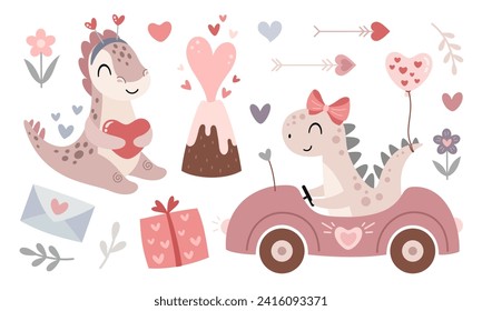 Cute Valentines dinosaurs clipart. Valentines day clipart. Valentine dino in cartoon flat style. Vector illustration.