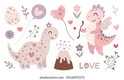 Cute dinosaurios de San Valentín. Día de San Valentín. Dino de San Valentín con dibujos animados de estilo plano. Ilustración vectorial.