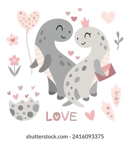 Cute Valentines dinosaurs clipart. Valentines day clipart. Valentine dino in cartoon flat style. Vector illustration.