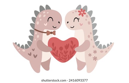 Cute Valentines dinosaurs clipart. Valentines day clipart. Valentine dino in cartoon flat style. Vector illustration.