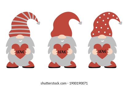 Cute Valentine's gnomes collection. Gnomes hold red love hearts in their hands. Baby valentine dwarf decor. Isolated on white background.