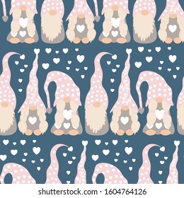 cute valentines gnomes and hearts in a valentines day seamless pattern, perfect to use on the web or in print