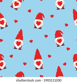 cute valentines gnomes in red hats and hearts in a valentines day seamless pattern on blue background