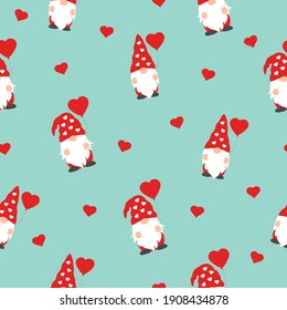 cute valentines gnomes in red hats and hearts in a valentines day seamless pattern on green background