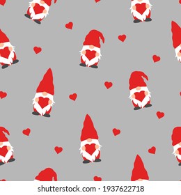 cute valentines gnomes in red hats and hearts in a valentines day seamless pattern on grey background