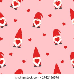 Cute Valentines Gnomes In Red Hats And Hearts In A Valentines Day Seamless Pattern On Pink Background