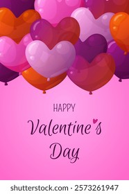 Cute valentine's greeting card with heart shaped inflatable balloons. Vector illustration.