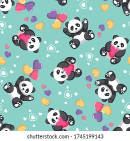 Cute valentine's panda pattern with heart balloons and jade background. Vector illustration in a cartoon style..