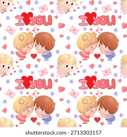 Cute valentine's pattern with cartoon characters and heart motifs.