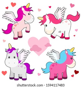 Cute Valentines Unicorn Set on White