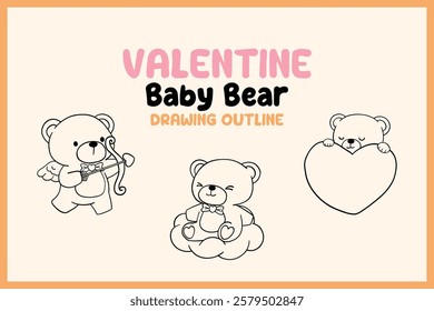 Un lindo conjunto de dibujo de contorno de oso de San Valentín con adorables osos de peluche con corazones, alas y arcos en un estilo de boceto simple