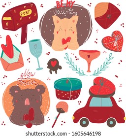 Cute Valentins set, hand drawn doodle elements clipart, gifts,mug, holiday mugs, leter, cat, coala and car. Perfect for web, greeting card, poster, tag, sticker kit.Vector