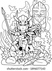 cute valkyrie sitting on a skull, coloring book, funny illustration