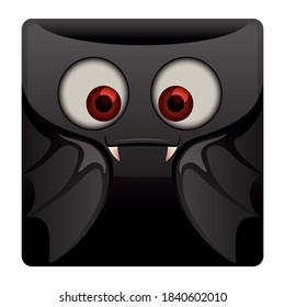 Cute vampire bat with big eyes inside a rounded square icon for Halloween, isolated over white background.