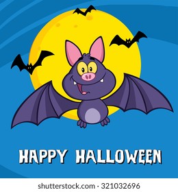 Cute Vampire Bat Cartoon Character Flying. Vector Illustration Greeting Card